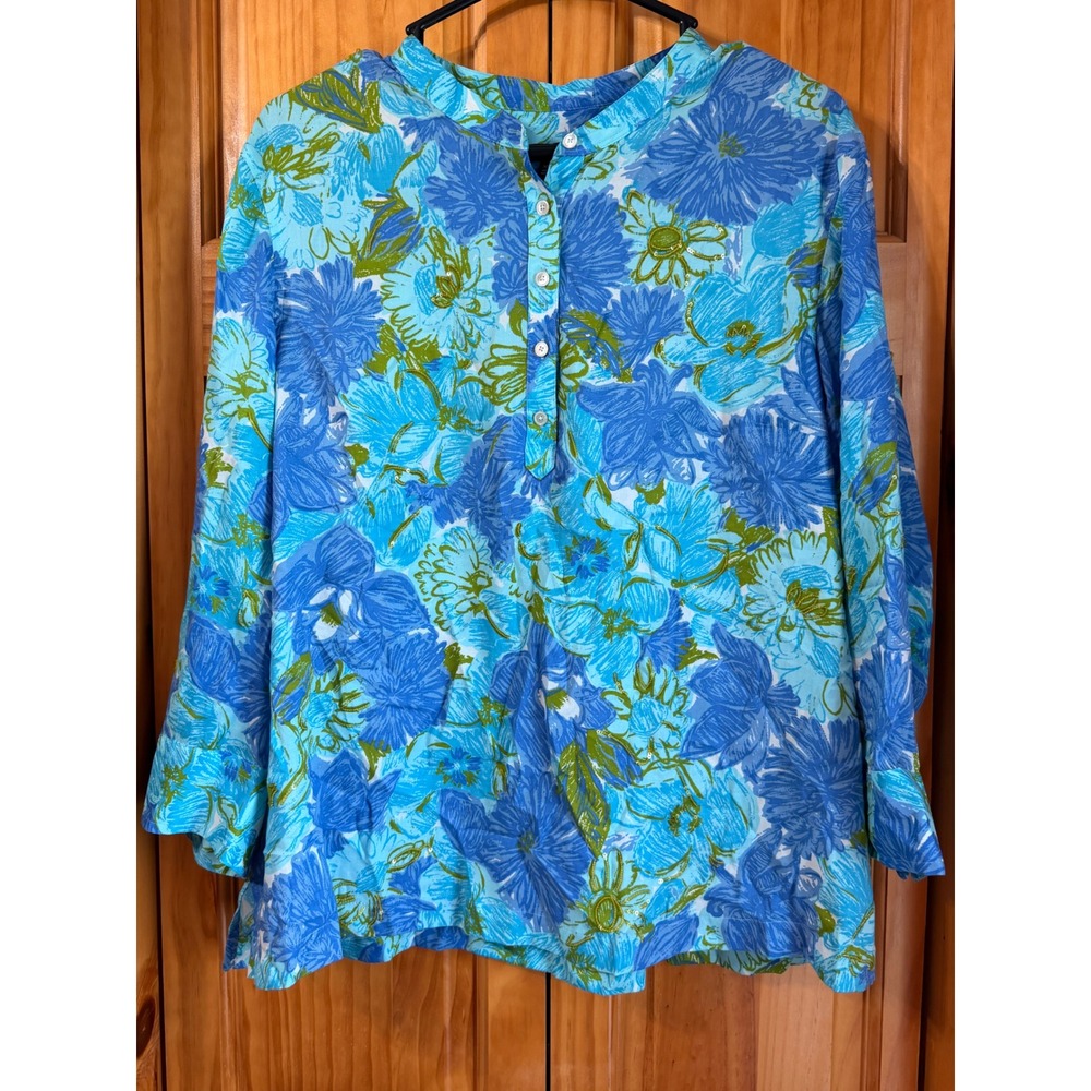 Talbots Petites XL P Blue Green Floral Tencel Lyocell Button Tunic‎ Blouse NWT